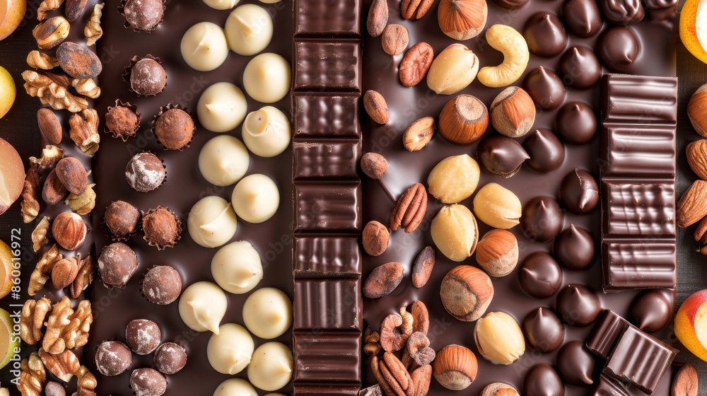 Assorted chocolates and nuts arranged in neat rows showcasing a variety of textures and flavors for a rich and indulgent presentation. Assorted chocolates and nuts arranged in neat rows showcasing a variety of textures and flavors for a rich and indulgent presentation.