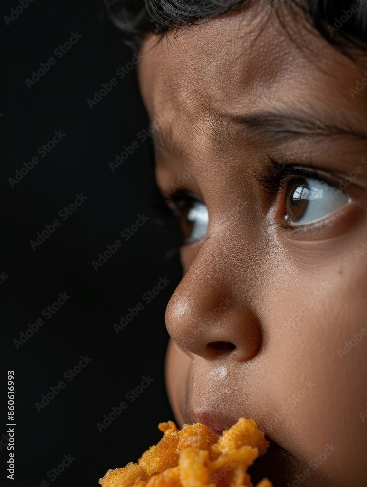 Close-up of a child's pensive face with large, expressive eyes, holding a piece of food against a dark background. Close-up of a child's pensive face with large, expressive eyes, holding a piece of food against a dark background.