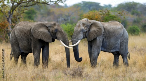Two elephants stand facing each other in the African savannah, displaying their large tusks and thick gray hide, amidst a backdrop of sparse vegetation and open landscape.