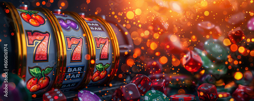 slot machine casino games and gambling chips 3d render banner