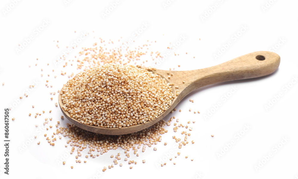 Amaranth pops, popped grains in wooden spoon isolated on white background, side view Amaranth pops, popped grains in wooden spoon isolated on white background, side view