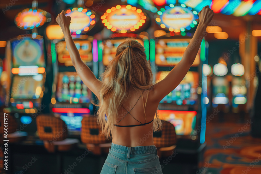 a woman in a bikini standing in front of a casino a woman in a bikini standing in front of a casino