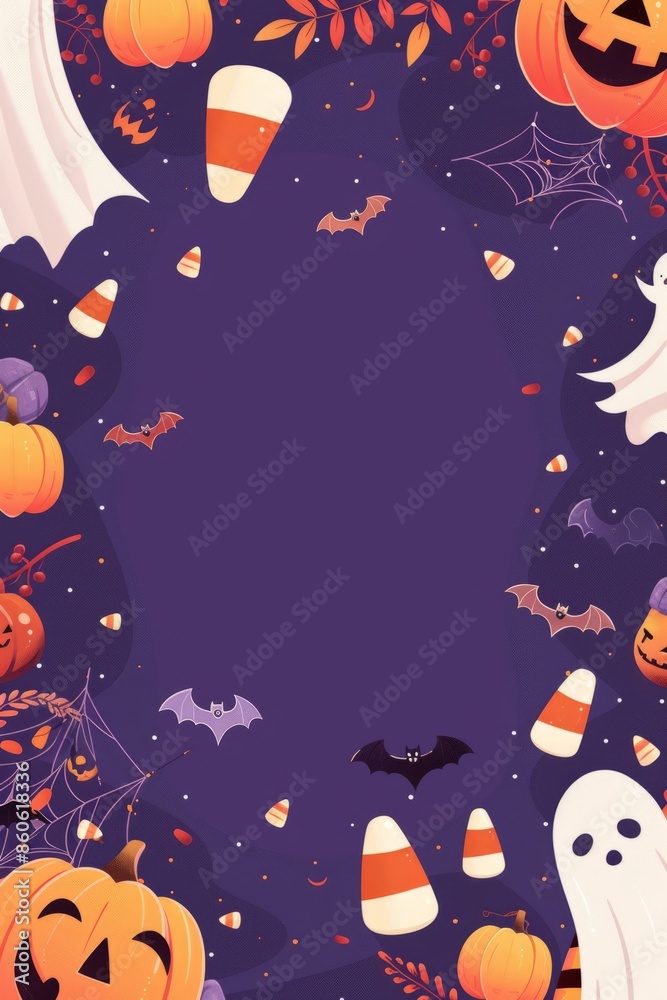 Fototapeta premium A vibrant frame featuring Halloween elements like candy corns, bats, pumpkins, ghosts, and fall leaves, all against a purple background, evoking festive delight.