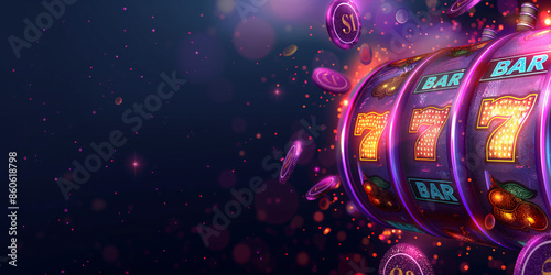 slot machine casino games and gambling chips 3d render banner