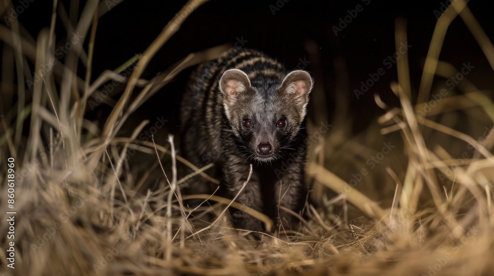 A dark-furred nocturnal feline prowls through dry grasslands under the cover of night, highlighting its stealth and adaptability in this stunning night-time wildlife photograph. A dark-furred nocturnal feline prowls through dry grasslands under the cover of night, highlighting its stealth and adaptability in this stunning night-time wildlife photograph.