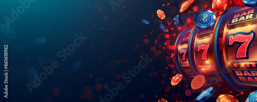 slot machine casino games and gambling chips 3d render banner