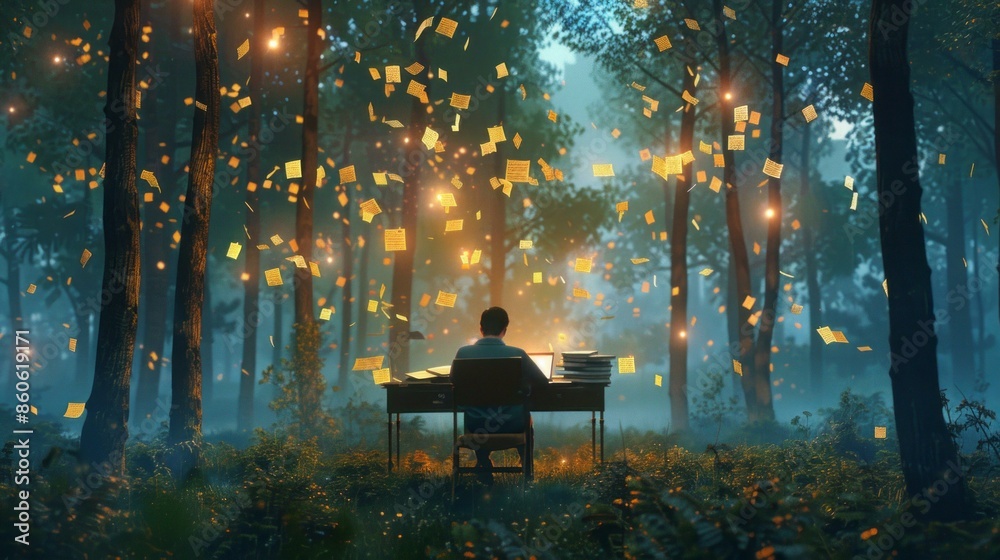 custom made wallpaper toronto digitalInspiration in the woods. Man writing at desk in magical woods at night, surrounded by floating papers and glowing lights, concept of creativity, inspiration