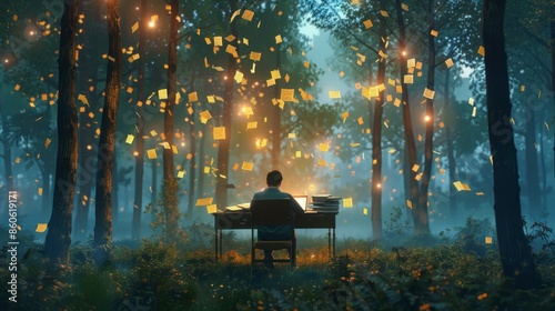 Wallpaper Mural Inspiration in the woods. Man writing at desk in magical woods at night, surrounded by floating papers and glowing lights, concept of creativity, inspiration Torontodigital.ca