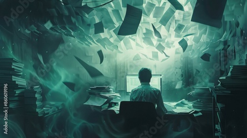 Overwhelmed by paperwork. A man sits at his desk, surrounded by stacks of paperwork as documents swirl ominously above him, illustrating the crushing pressure of work overload.