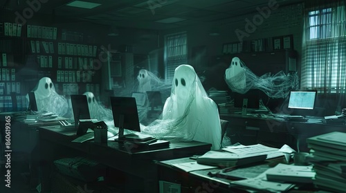 Ghostly overtime. Eerie office scene with ghosts working late, perfect for Halloween or spooky concepts.