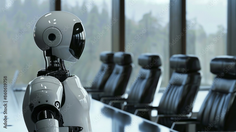 Robot in a boardroom. A white robot stands in a modern boardroom, hinting at artificial intelligence and its role in business. Robot in a boardroom. A white robot stands in a modern boardroom, hinting at artificial intelligence and its role in business.