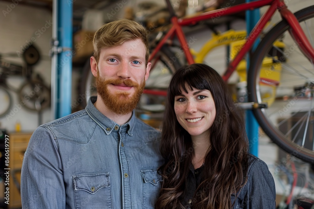 Smiling couple in a bicycle workshop. Casual attire and warm expressions. Ideal for lifestyle or hobby-focused projects. Suitable for promoting teamwork, cooperation, or bike-fixing. Generative AI Smiling couple in a bicycle workshop. Casual attire and warm expressions. Ideal for lifestyle or hobby-focused projects. Suitable for promoting teamwork, cooperation, or bike-fixing. Generative AI