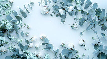 Flowers composition Frame made of fresh eucalyptus branches and cotton flowers Flat lay top view copy space : Generative AI