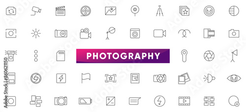 Photography linear icon set. Camera, photo, photographer, studio light, film cameras and photoshoot outline icon collection. UI thin outline icons pack.