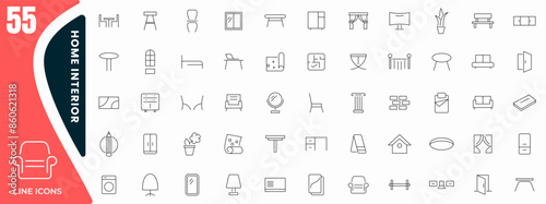 Home interior linear icon set. Furniture, interior design, closet, chair, mattress, kitchen, bedroom, sofa table, bookcase, lamps and ladder outline icon collection. UI thin outline icons pack.