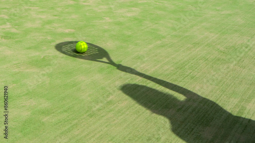 The shadow of a girl with a racket on a green tennis court.Tennis or padel