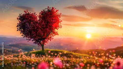 Tree of love in spring Red heart shaped tree at sunset Beautiful landscape with flowersLove background with copy spaceValentine day card : Generative AI photo