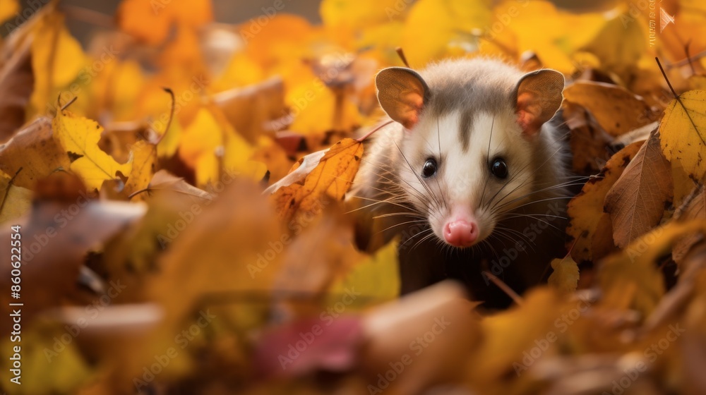 A curious possum protrudes from a pile of vibrant autumn leaves, its striking features accentuated by the rich, warm colors surrounding it in a close-up view. A curious possum protrudes from a pile of vibrant autumn leaves, its striking features accentuated by the rich, warm colors surrounding it in a close-up view.