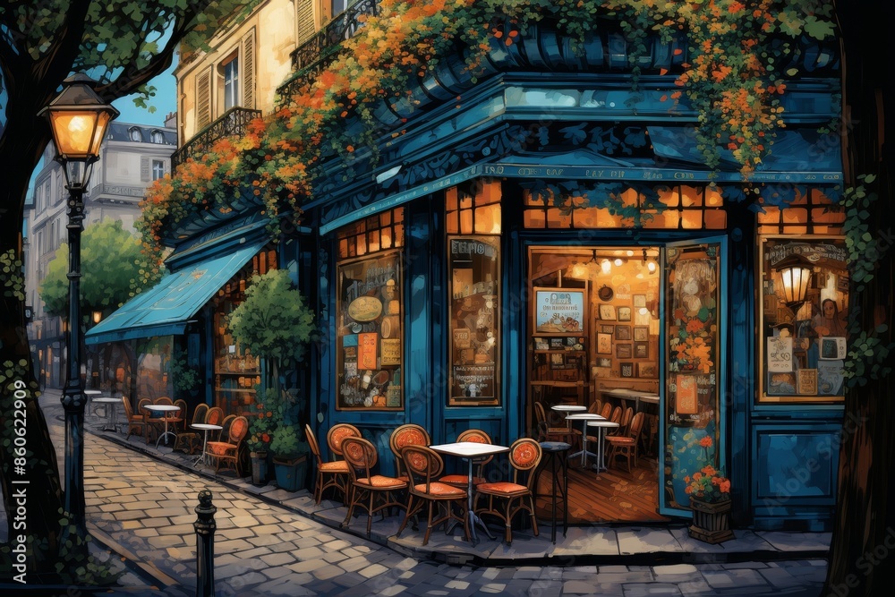 Charming urban cafe with a welcoming entrance adorned by blooming flowers for a cozy ambience
