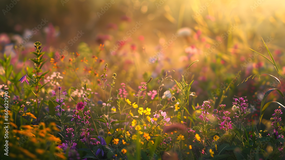 abundance of blooming wild flowers on the meadow at spring time : Generative AI
