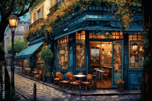 Charming urban cafe with a welcoming entrance adorned by blooming flowers for a cozy ambience