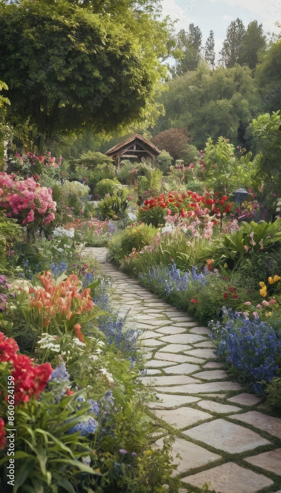 Obraz premium A stunning garden scene with a variety of flowers and plants, framed by towering mountains and a clear blue sky