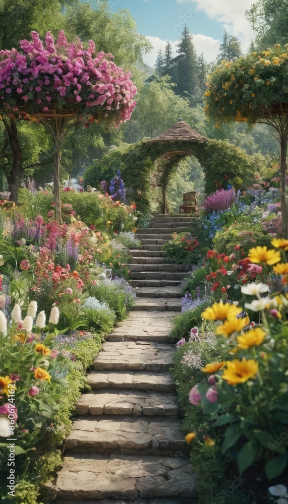 Fototapeta premium A colorful garden in full bloom, featuring a stone pathway leading through arches adorned with climbing roses