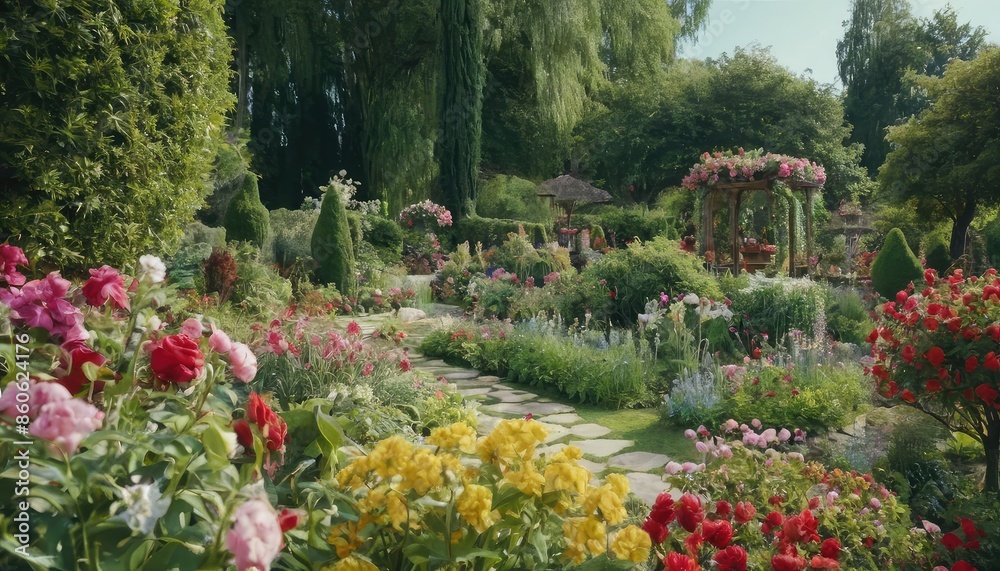 Obraz premium A picturesque garden path surrounded by vibrant flowers and lush greenery, set against a backdrop of majestic mountains.