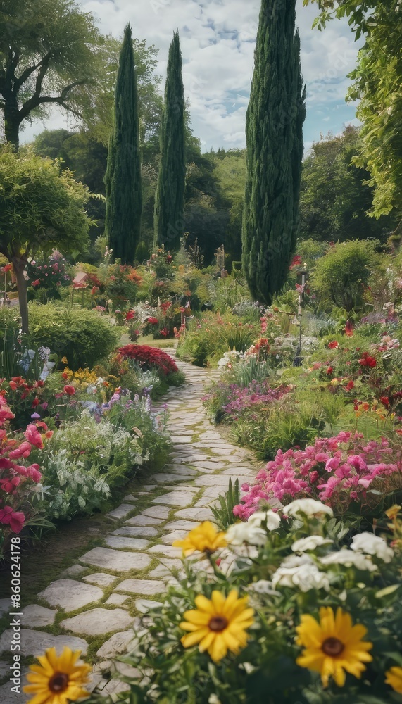 Obraz premium A colorful garden in full bloom, featuring a stone pathway leading through arches adorned with climbing roses