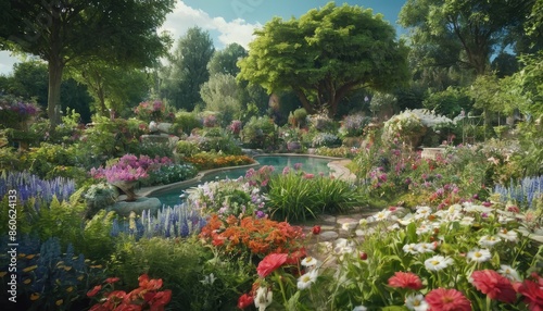 A beautifully landscaped garden with a stone path winding through vibrant flower beds and arches covered in blossoms