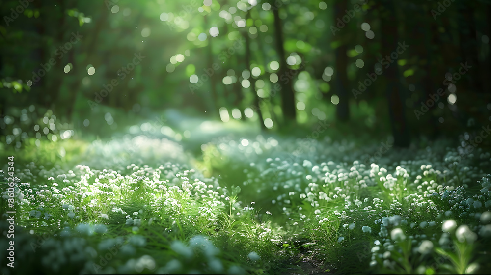 Panorama of Forest green landscape with white flowers and path : Generative AI Panorama of Forest green landscape with white flowers and path : Generative AI