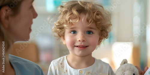 Child being comforted by speech therapist while learning animal flashcards. Concept Child Development, Speech Therapy, Education, Emotional Support, Flashcards