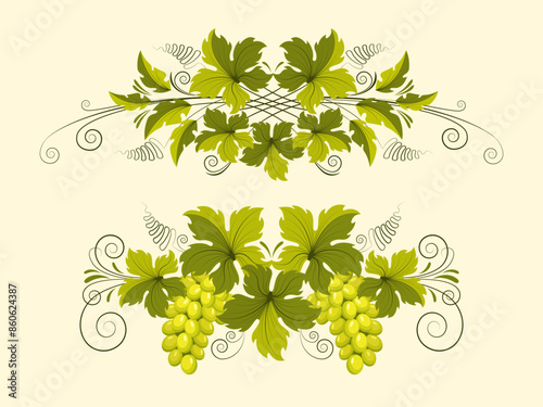 Grape branch with bunches of grapes and green leaves. Ornament, pattern, design element. Wine and winemaking concept. Vintage pattern for menu and wine labels. Vector isolated on yellow background.