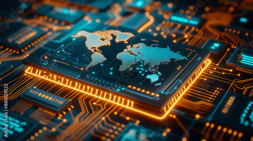 A close-up of a world map circuit board reveals a complex web of tiny electronic components that power modern technology of the world.