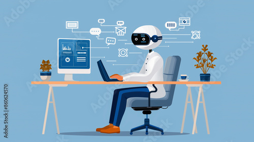 A robot, chatbot having a conversation with a customer on a website, virtual agent and digital assistants and AI technology and innovation. 