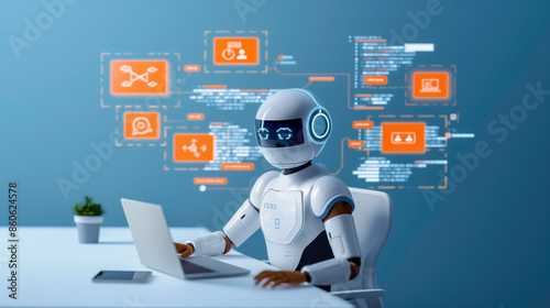 A robot, chatbot having a conversation with a customer on a website, virtual agent and digital assistants and AI technology and innovation. 
