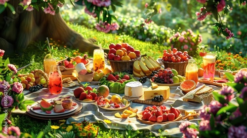 A vibrant picnic spread with fruits, cheese, and drinks on a blanket, in a serene park with greenery and blooming flowers.