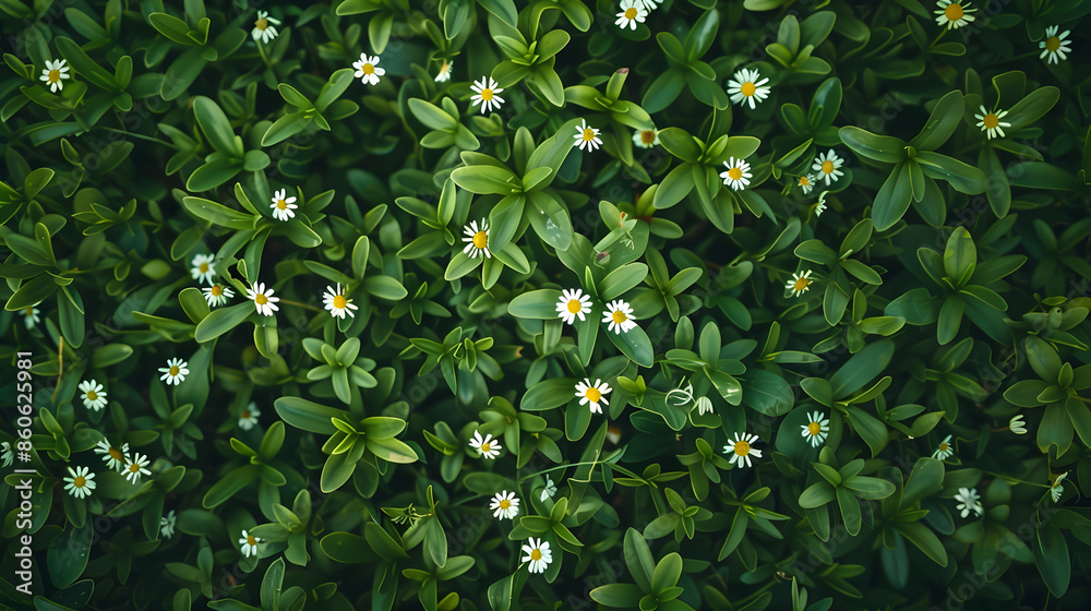 Top view of green grass and small daisy flowers background : Generative AI Top view of green grass and small daisy flowers background : Generative AI
