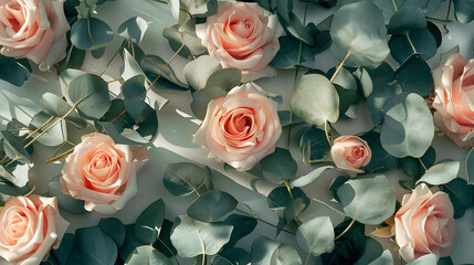 Flowers composition made of rose flowers and eucalyptus branches Mock up with flowers Flat lay top view : Generative AI