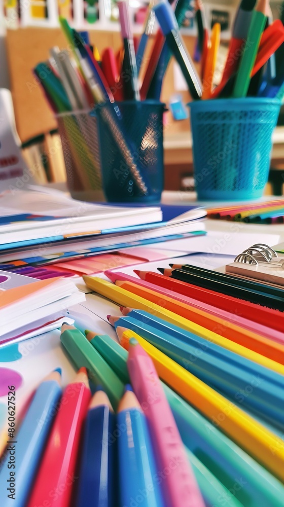 Colorful pencils and stationery on a desk. Vertical banner Colorful pencils and stationery on a desk. Vertical banner