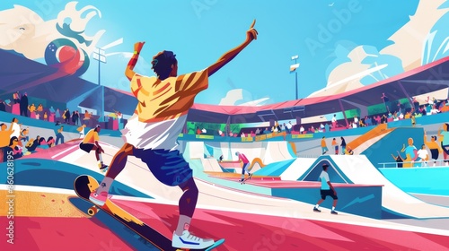 Victorious Moment at the Finish Line of a Skateboarding Event during the Paris 2024 Olympic GamesParis 2024, Olympic Games, skateboarding event, victory, finish line, skateboarder, triumph, skateboard