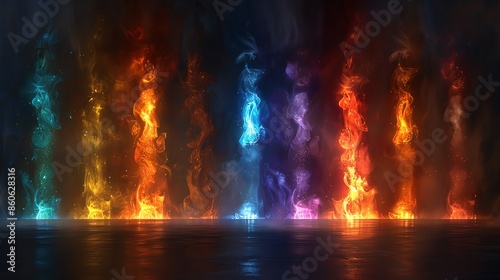 Chakra Symbols Overlay Seven vibrant chakra symbols aligned vertically, each glowing with a soft light on a tranquil gradient background, ideal for spiritual text overlays