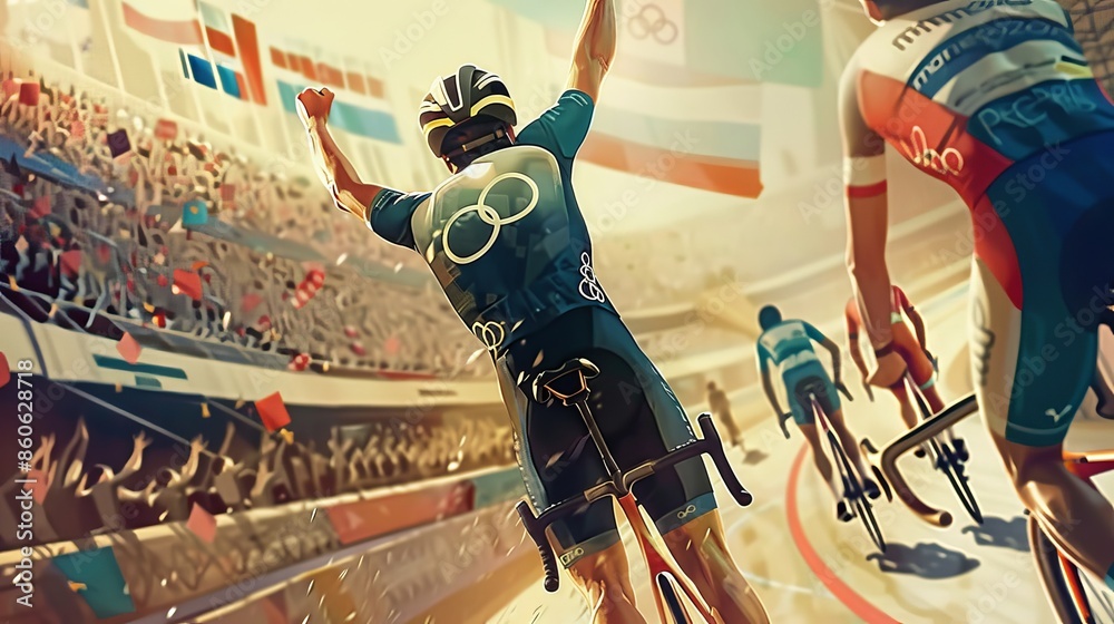 Victorious Moment at the Finish Line of a Cycling Event during the Paris 2024 Olympic Games Victorious Moment at the Finish Line of a Cycling Event during the Paris 2024 Olympic Games