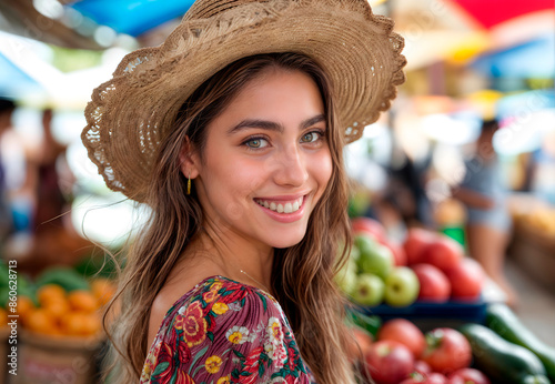 young woman in straw hat spending day at farmer's market surrounded by fresh vegetables and fruits is ideal for marketing campaigns that talk about the benefits of local shopping, support for farmers,