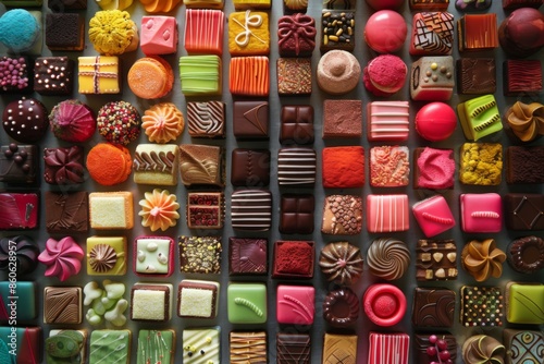 Assortment of colorful petit fours.