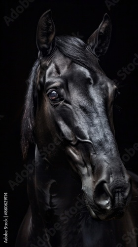 A black horse with a dark brown mane and a black nose © liliyabatyrova