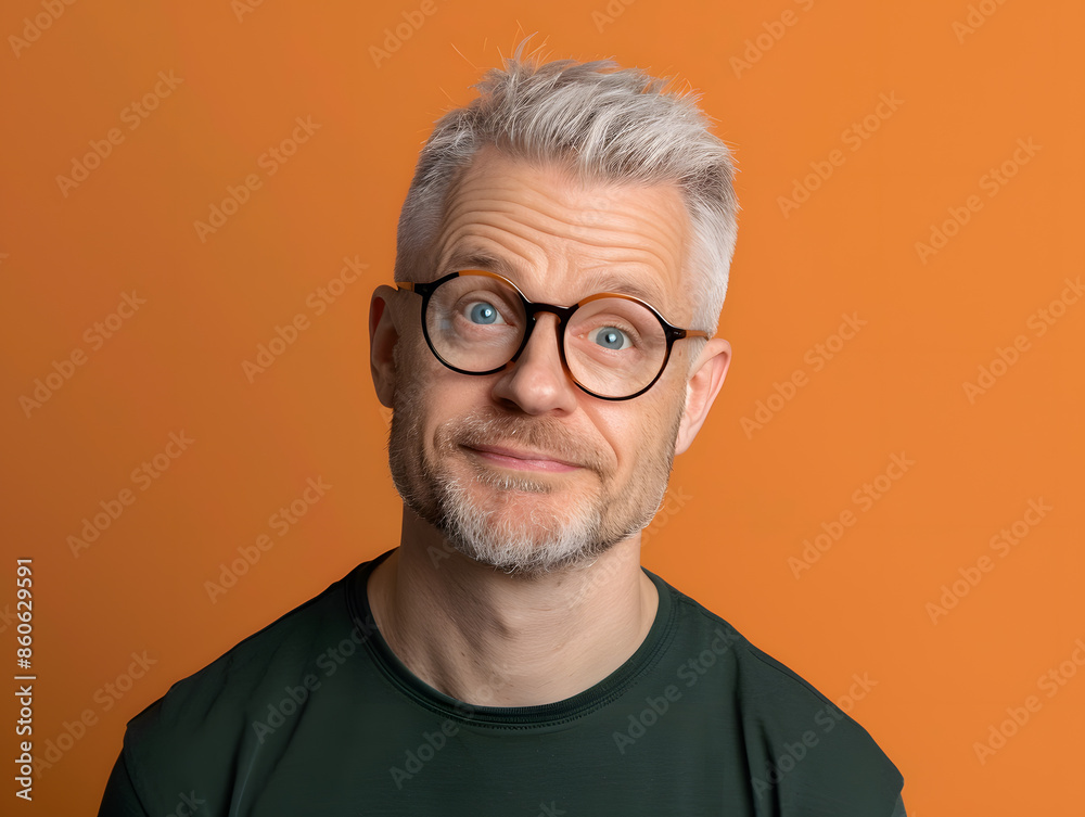 A confident and approachable portrait of an older man with short gray hair and a neatly trimmed beard, set against a vibrant orange background. He is wearing round glasses and a dark green shirt A confident and approachable portrait of an older man with short gray hair and a neatly trimmed beard, set against a vibrant orange background. He is wearing round glasses and a dark green shirt