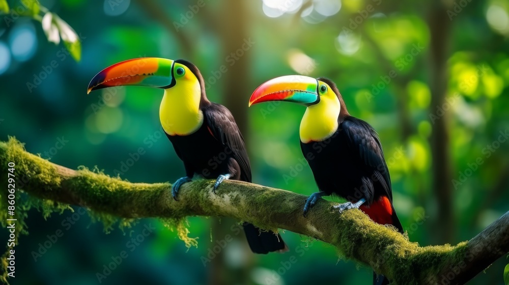 A pair of striking toucans, each showcasing vividly colorful beaks, sit side by side on a mossy branch within a dense, vibrant jungle, exuding the charm of tropical nature. A pair of striking toucans, each showcasing vividly colorful beaks, sit side by side on a mossy branch within a dense, vibrant jungle, exuding the charm of tropical nature.
