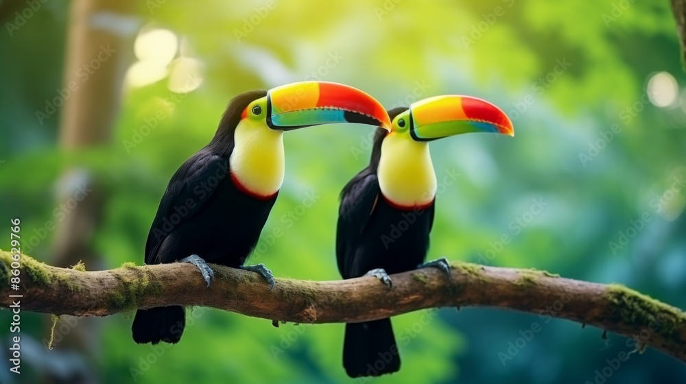 Fototapeta premium Two beautifully marked toucans with their iconic colorful beaks perch on a tree branch surrounded by a profusion of lush, green vegetation, embodying tropical splendor and wildlife.