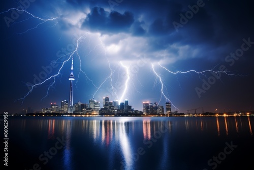 Dramatic and dazzling lightning strikes illuminating the vibrant cityscape at night photo